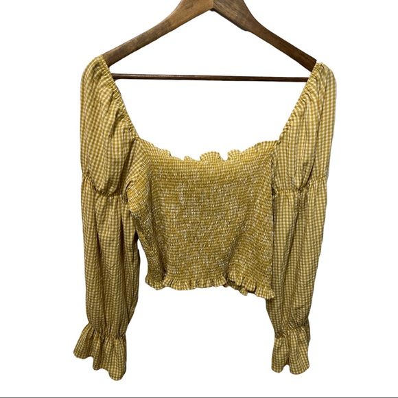 URBAN OUTFITTERS GOLDEN YELLOW AND WHITE SMOCKED GINGHAM LONG SLEEVE TOP - Picture 10 of 15